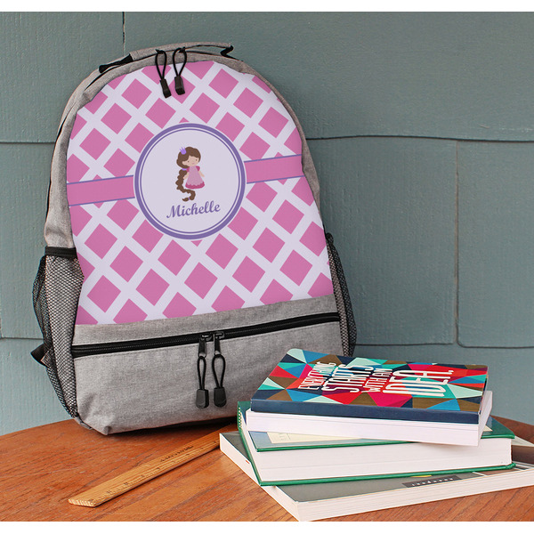 Diamond Print w/Princess Large Backpack - Gray - On Desk