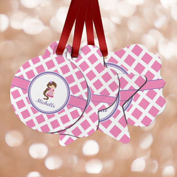 Custom Diamond Print w/Princess Metal Ornaments - Double Sided w/ Name or Text