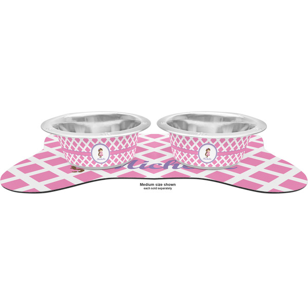 Diamond Print w/Princess Metal Pet Bowls - On Dog Bone Shaped Mat