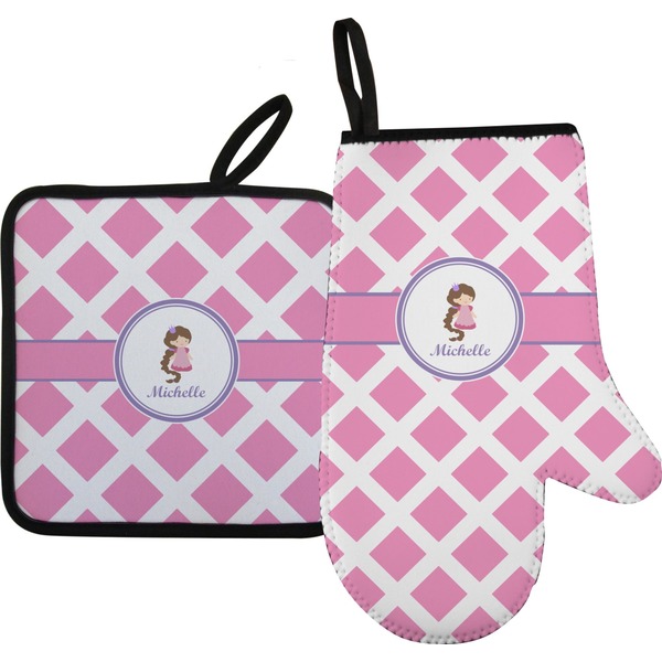 Custom Diamond Print w/Princess Oven Mitt & Pot Holder Set w/ Name or Text