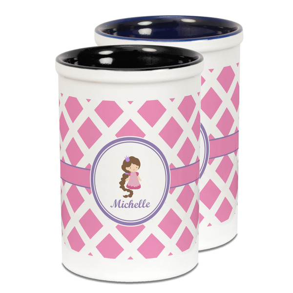 Custom Diamond Print w/Princess Ceramic Pencil Holder - Large