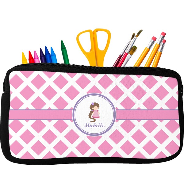 Custom Diamond Print w/Princess Neoprene Pencil Case - Small w/ Name or Text