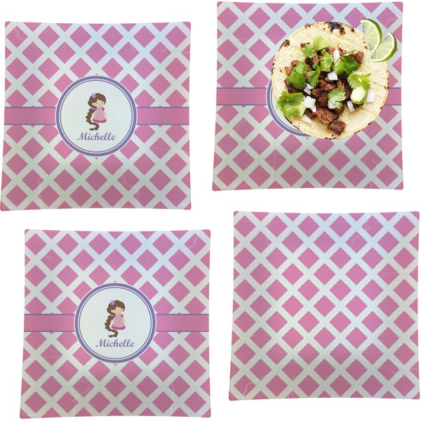 Custom Diamond Print w/Princess Set of 4 Glass Square Lunch / Dinner Plate 9.5" (Personalized)