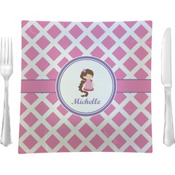 Diamond Print w/Princess 9.5" Glass Square Lunch / Dinner Plate- Single or Set of 4 (Personalized)