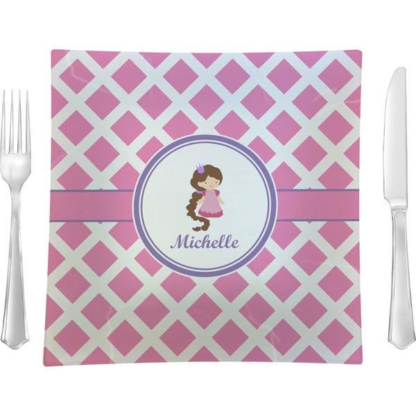 Custom Diamond Print w/Princess 9.5" Glass Square Lunch / Dinner Plate- Single or Set of 4 (Personalized)