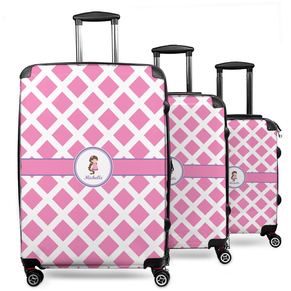 Custom Diamond Print w/Princess 3 Piece Luggage Set - 20" Carry On, 24" Medium Checked, 28" Large Checked (Personalized)