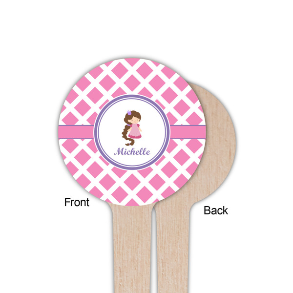 Diamond Print w/Princess Wooden 4" Food Pick - Round - Single Sided - Front & Back