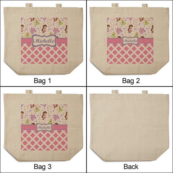 Princess & Diamond Print 3 Reusable Cotton Grocery Bags - Front & Back View