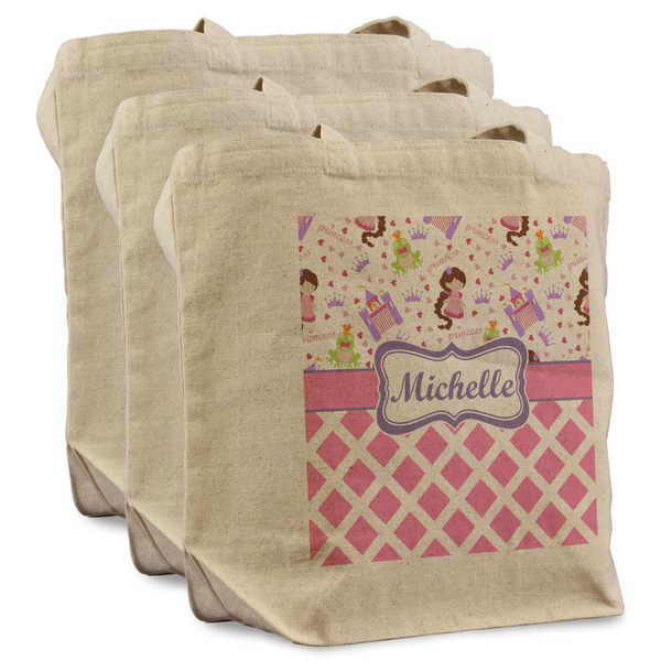 Custom Princess & Diamond Print Reusable Cotton Grocery Bags - Set of 3 (Personalized)