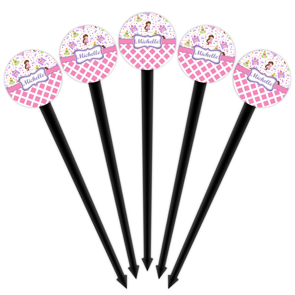 Princess & Diamond Print Black Plastic 4" Food Pick - Round - Fan View