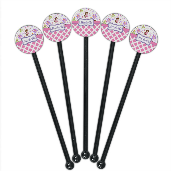 Princess & Diamond Print Black Plastic 5.5" Stir Stick - Round - Fan View