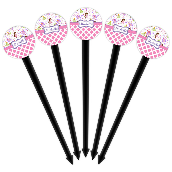 Princess & Diamond Print Black Plastic 6" Food Pick - Round - Fan View