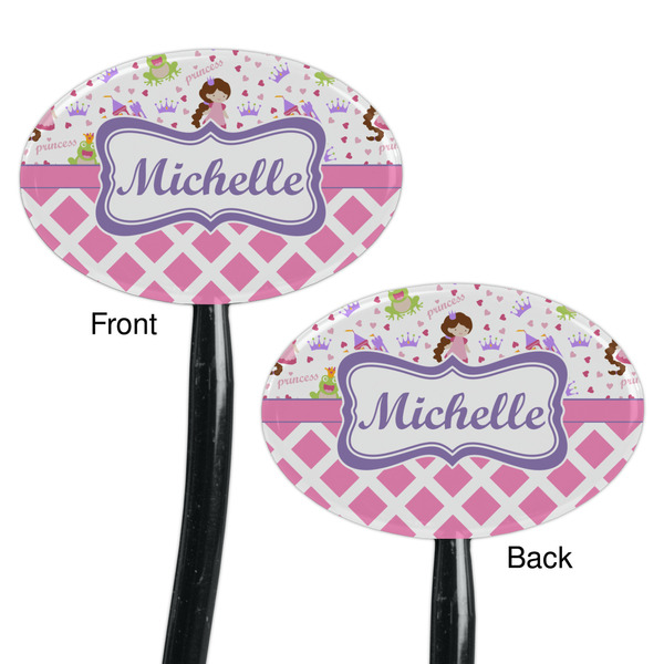 Princess & Diamond Print Black Plastic 7" Stir Stick - Double Sided - Oval - Front & Back