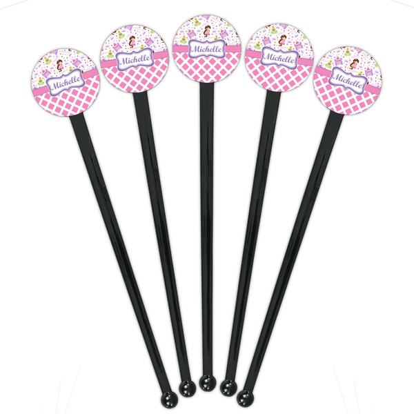 Princess & Diamond Print Black Plastic 7" Stir Stick - Round - Fan View