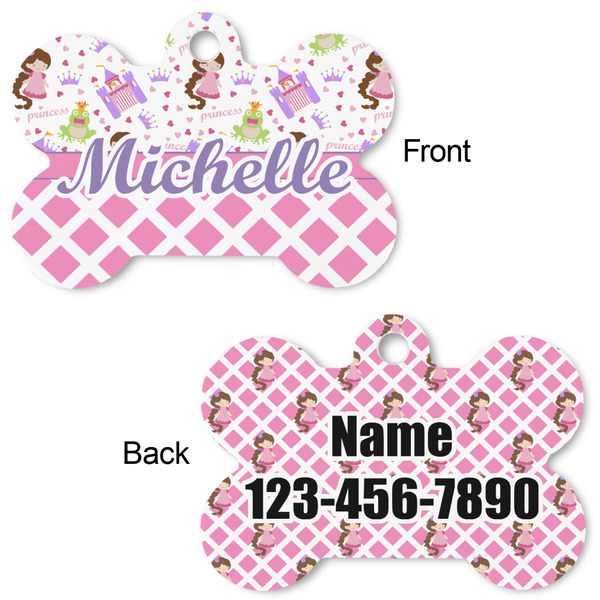 Princess & Diamond Print Bone Shaped Dog Tag - Front & Back