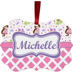 Princess & Diamond Print Metal Frame Ornament - Double Sided w/ Name or Text