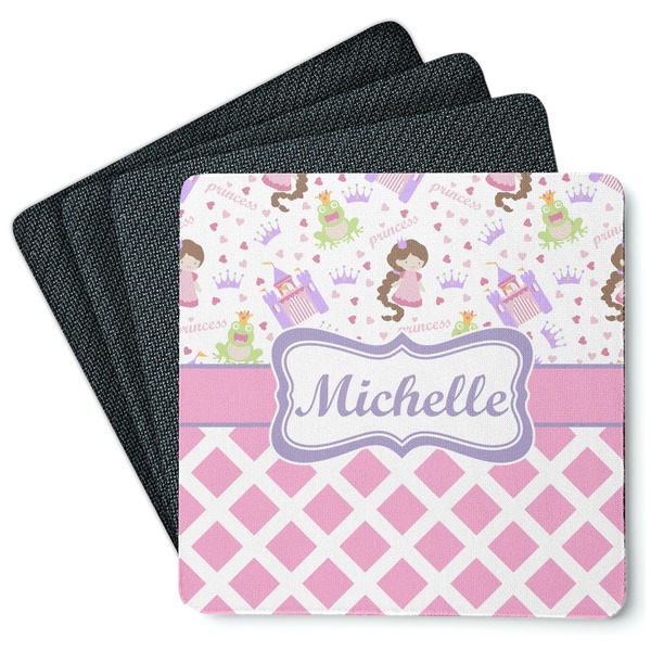 Custom Princess & Diamond Print Square Rubber Backed Coasters - Set of 4 (Personalized)