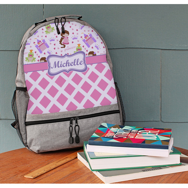 Princess & Diamond Print Large Backpack - Gray - On Desk