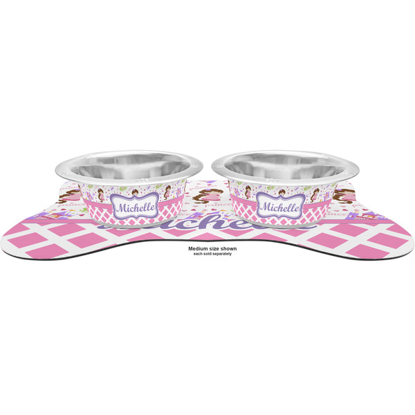 Princess & Diamond Print Metal Pet Bowls - On Dog Bone Shaped Mat