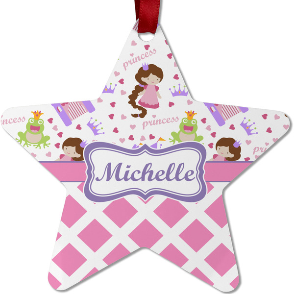 Custom Princess & Diamond Print Metal Star Ornament - Double Sided w/ Name or Text