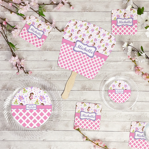 Princess & Diamond Print Party Supplies Combination Image - All items - Plates, Coasters, Fans