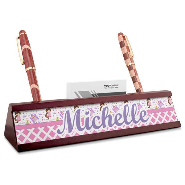 Custom Princess & Diamond Print Red Mahogany Nameplate with Business Card Holder (Personalized)