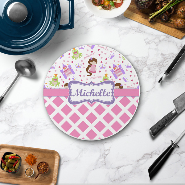 Princess & Diamond Print Round Stone Trivet - In Context View