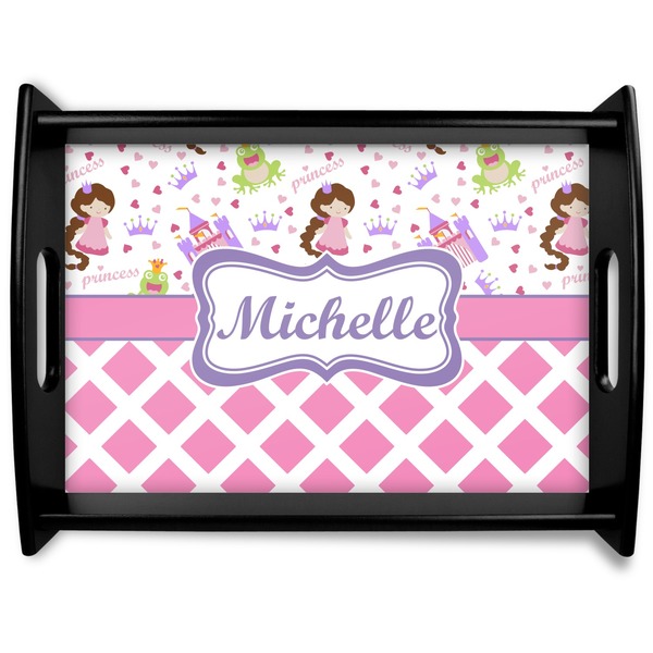 Custom Princess & Diamond Print Black Wooden Tray - Large (Personalized)