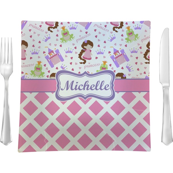 Custom Princess & Diamond Print 9.5" Glass Square Lunch / Dinner Plate- Single or Set of 4 (Personalized)
