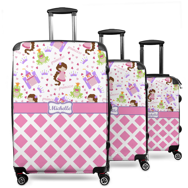 Custom Princess & Diamond Print 3 Piece Luggage Set - 20" Carry On, 24" Medium Checked, 28" Large Checked (Personalized)