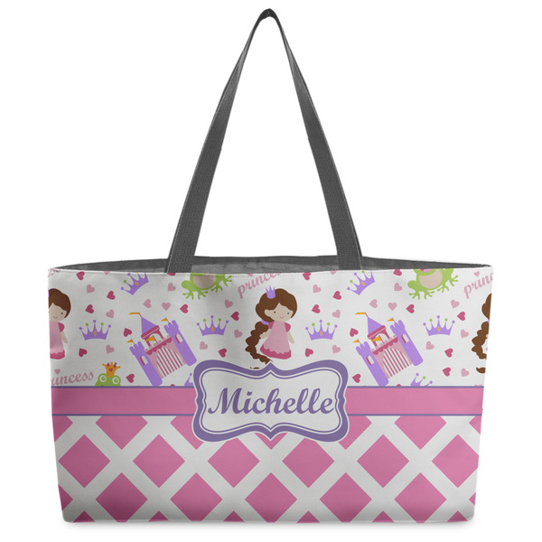 Custom Princess & Diamond Print Beach Totes Bag - w/ Black Handles (Personalized)
