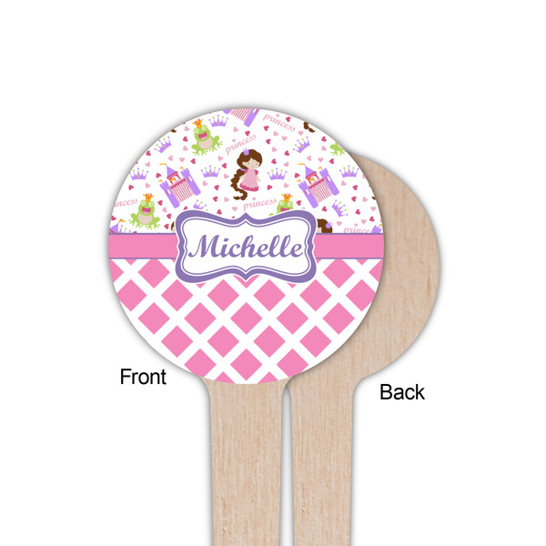 Princess & Diamond Print Wooden 4" Food Pick - Round - Single Sided - Front & Back