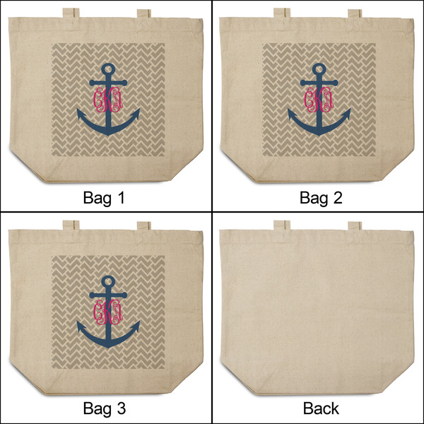 Monogram Anchor 3 Reusable Cotton Grocery Bags - Front & Back View