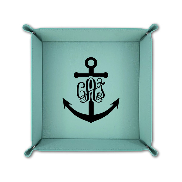 Monogram Anchor 6" x 6" Teal Leatherette Snap Up Tray - FOLDED UP