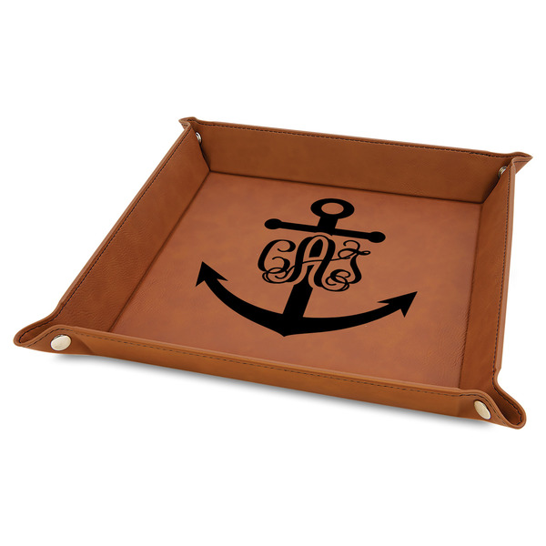 Custom Monogram Anchor Faux Leather Dice Tray - 9" x 9" - Rawhide