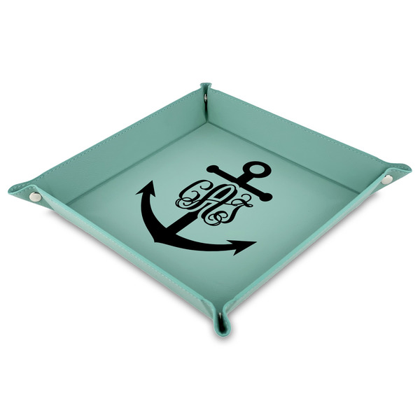 Custom Monogram Anchor 9" x 9" Teal Faux Leather Valet Tray