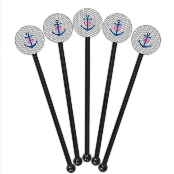 Monogram Anchor Black Plastic 5.5" Stir Stick - Round - Fan View