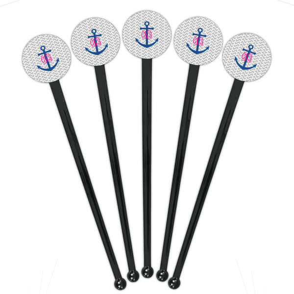 Monogram Anchor Black Plastic 7" Stir Stick - Round - Fan View
