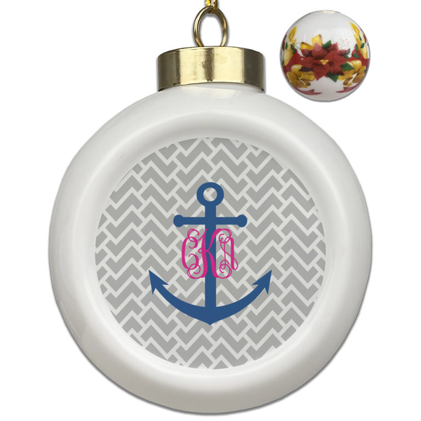 Custom Monogram Anchor Ceramic Ball Ornaments - Poinsettia Garland