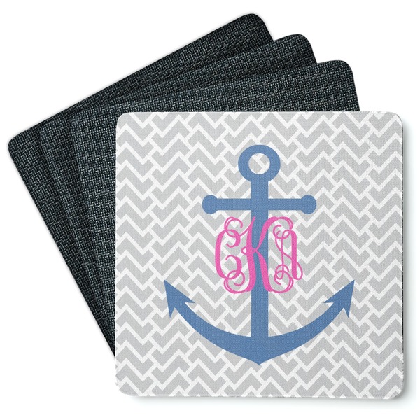 Custom Monogram Anchor Square Rubber Backed Coasters - Set of 4 (Personalized)