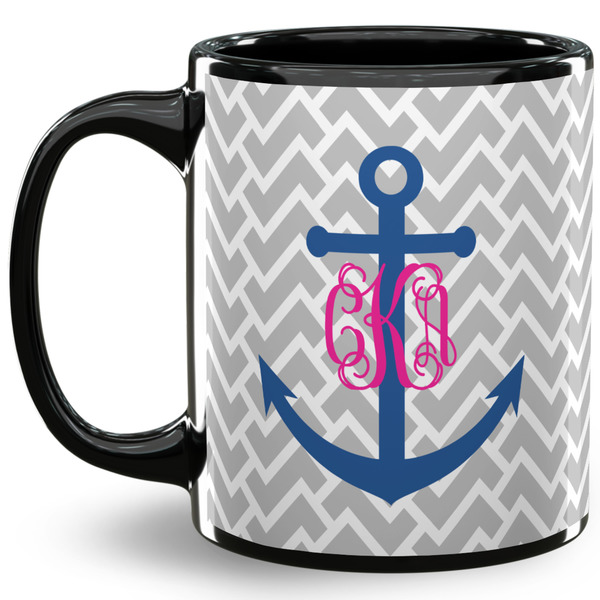 Custom Monogram Anchor 11 Oz Coffee Mug - Black