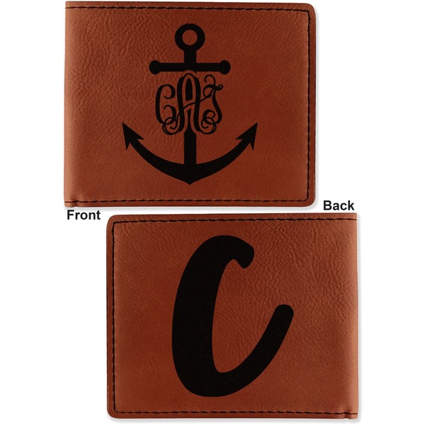 Monogram Anchor Cognac Leatherette Bifold Wallets - Front and Back