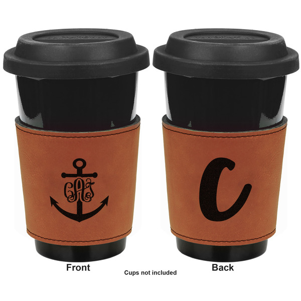 Monogram Anchor Cognac Leatherette Mug Sleeve - Double Sided Apvl