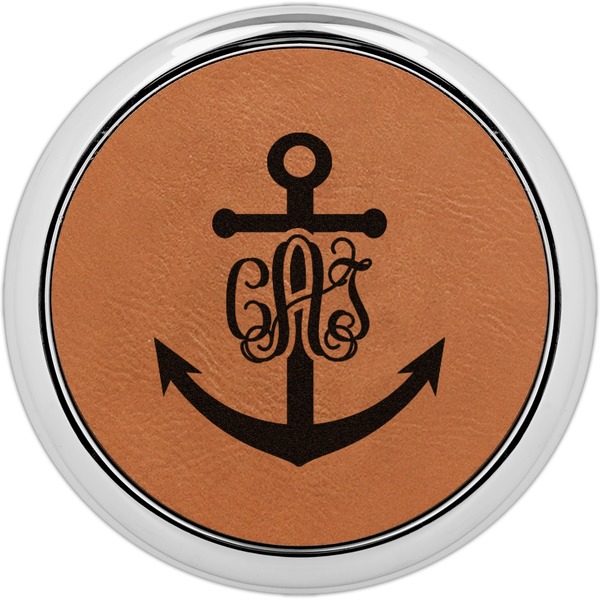Custom Monogram Anchor Leatherette Round Coaster w/ Silver Edge (Personalized)