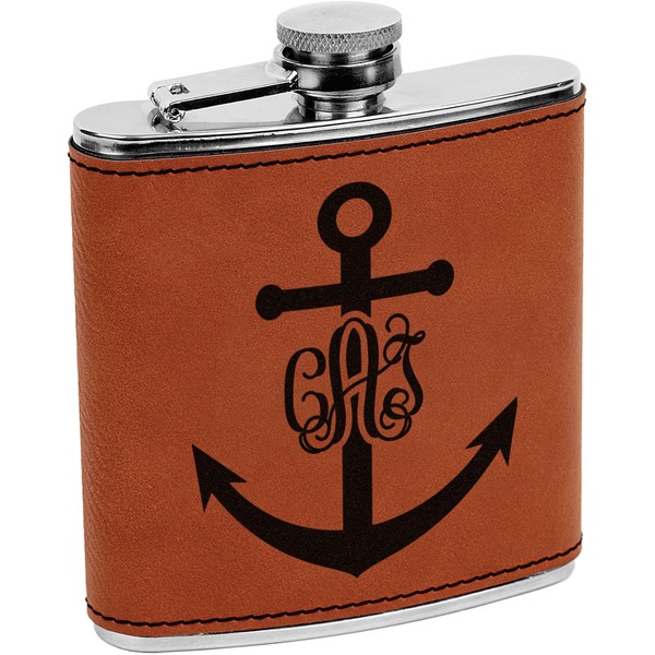 Custom Monogram Anchor Leatherette Wrapped Stainless Steel Flask (Personalized)
