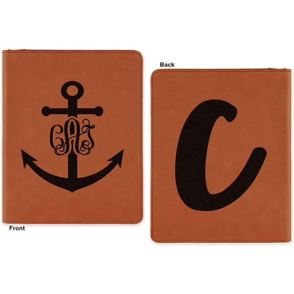 Monogram Anchor Cognac Leatherette Zipper Portfolios with Notepad - Double Sided - Apvl