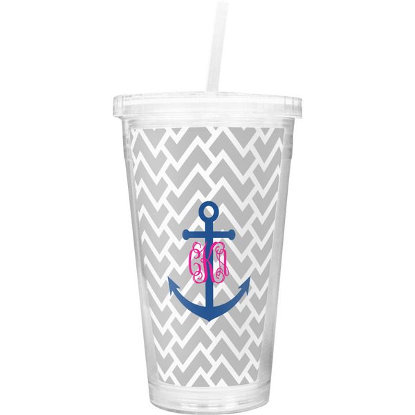 Custom Monogram Anchor Double Wall Tumbler with Straw (Personalized)