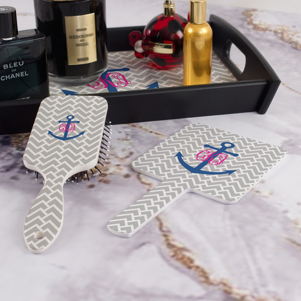 Monogram Anchor Hair Brush and Hand Mirror - Bathroom Scene