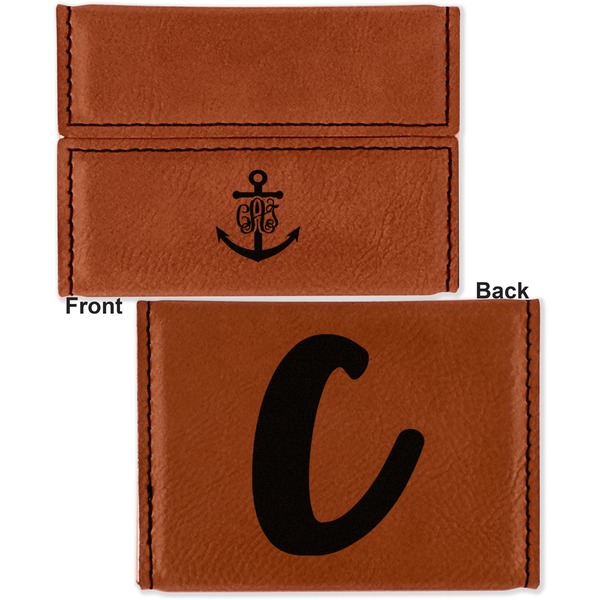 Monogram Anchor Leather Business Card Holder - Front Back