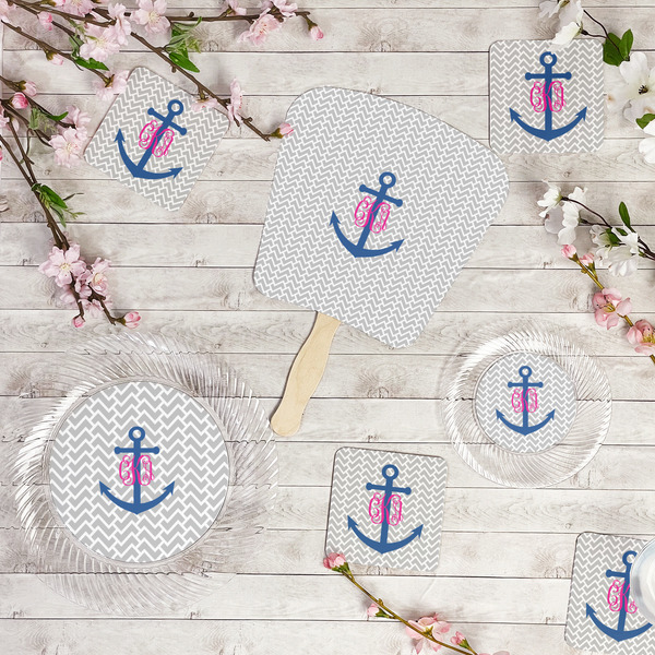 Monogram Anchor Party Supplies Combination Image - All items - Plates, Coasters, Fans